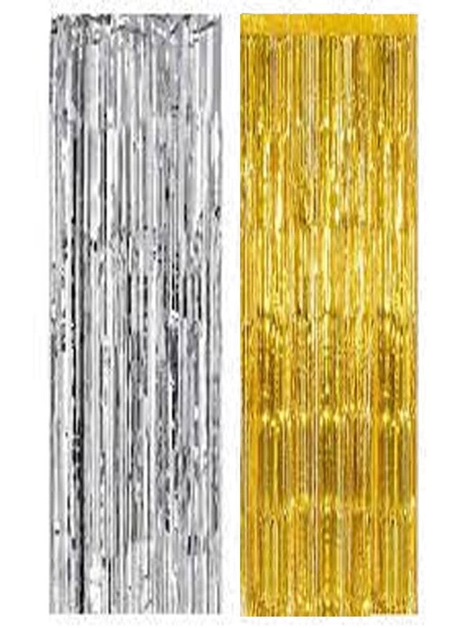 SOI Metallic Tinsel Fringe Big Size Curtains for Birthday, Anniversaries, Graduation, Retirement, Baby Shower Decoration (Pack of 2) (Silver Gold) | Fringe Curtains for Decoration - Image 1